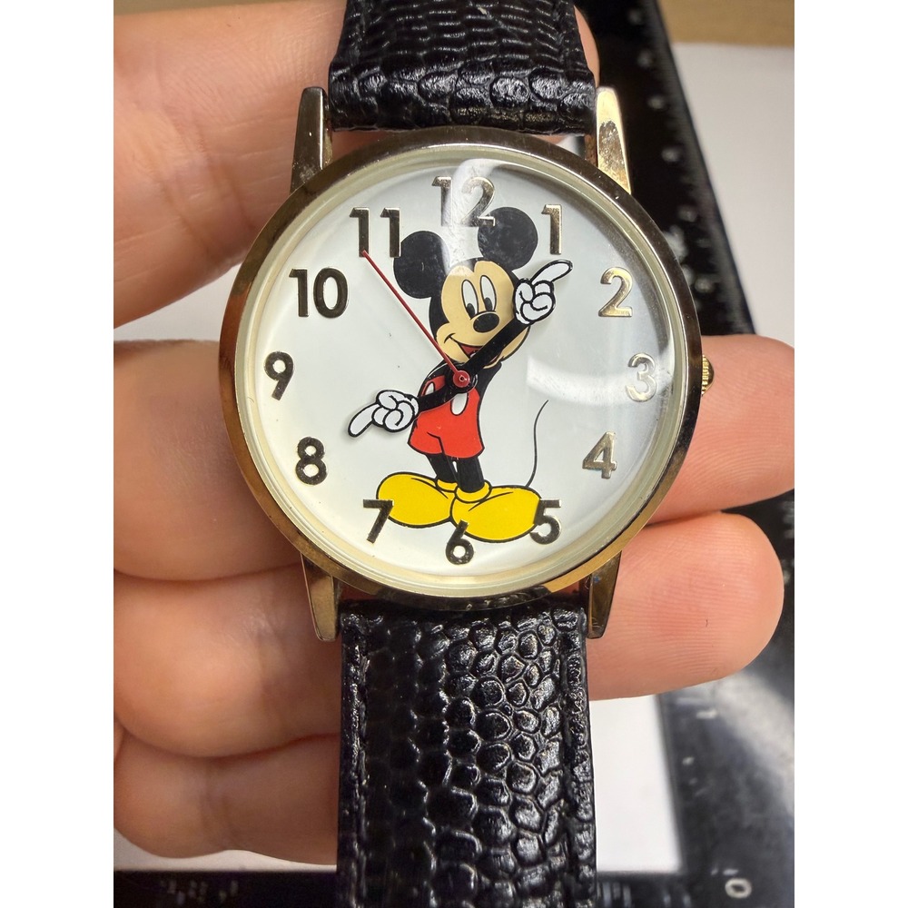 Disney Mickey Mouse Watch Gold Tone MCK675 Black Leather Strap Japan Movt